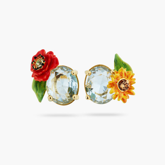 Asymmetrical Wildflower And Round Stone Sleeper Earrings