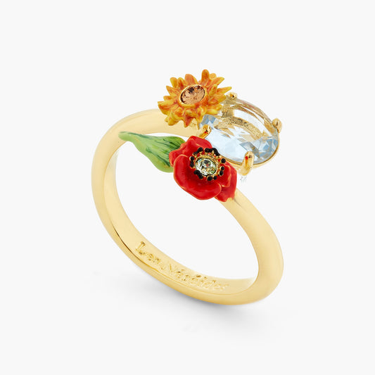 Wildflower And Round Stone Adjustable Ring | ATPO6021